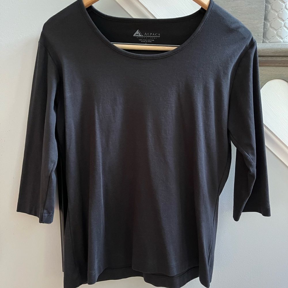 Alpaca International Black 3/4 Sleeve Cotton T-Shirt sz L EUC